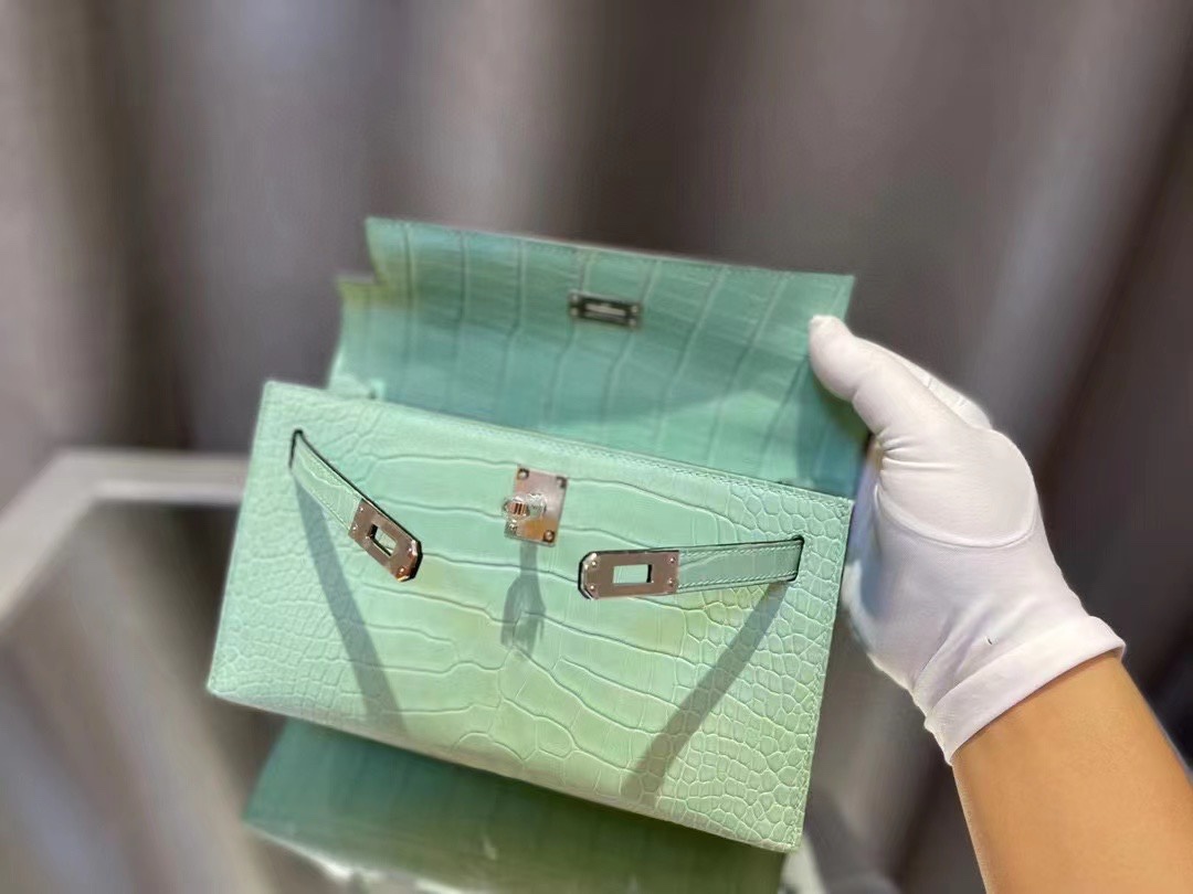 에르메스 켈리 포쉐트 민트 은장 악어가죽